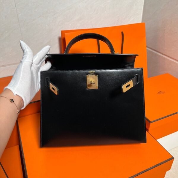 CK89 Black Kelly 28CM Box Leather Gold Hardware Full Handmade