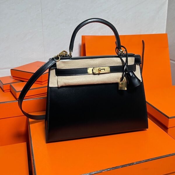 CK89 Black Kelly 28CM Box Leather Gold Hardware Full Handmade