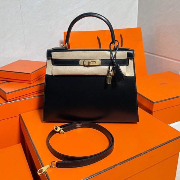 CK89 Black Kelly 28CM Box Leather Gold Hardware Full Handmade