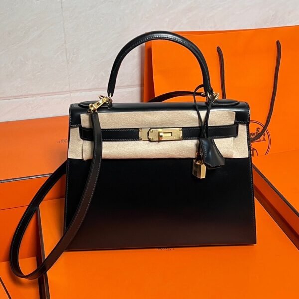 CK89 Black Kelly 28CM Box Leather Gold Hardware Full Handmade