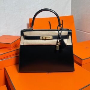 CK89 Black Kelly 28CM Box Leather Gold Hardware Full Handmade