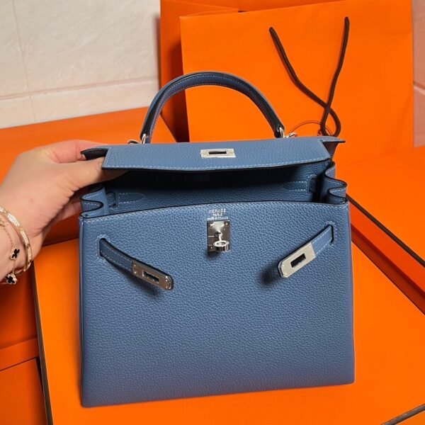 Kelly 25CM Togo Leather R2 Blue Agate Silver Hardware Full Handmade