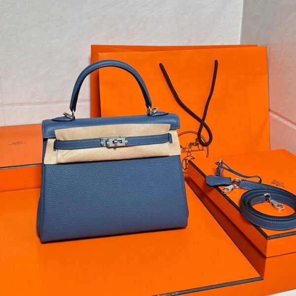 Kelly 25CM Togo Leather R2 Blue Agate Silver Hardware Full Handmade