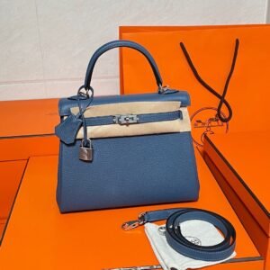 Kelly 25CM Togo Leather R2 Blue Agate Silver Hardware Full Handmade