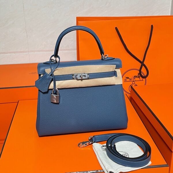 Kelly 25CM Togo Leather R2 Blue Agate Silver Hardware Full Handmade