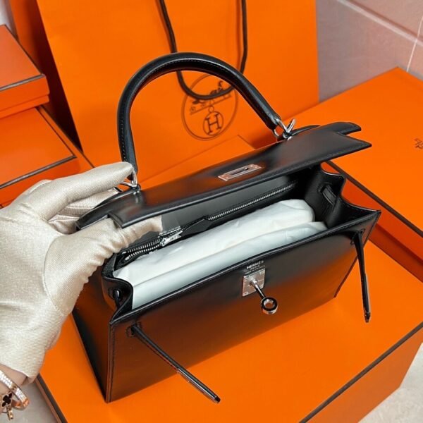 CK89 Black Kelly 25CM Box Leather Silver Hardware Full Handmade