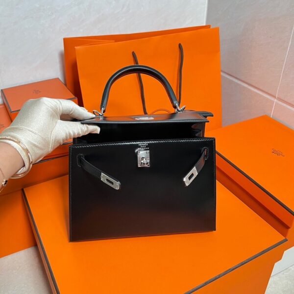 CK89 Black Kelly 25CM Box Leather Silver Hardware Full Handmade