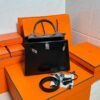 CK89 Black Kelly 25CM Box Leather Silver Hardware Full Handmade