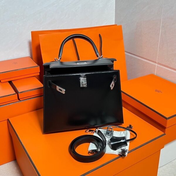 CK89 Black Kelly 25CM Box Leather Silver Hardware Full Handmade