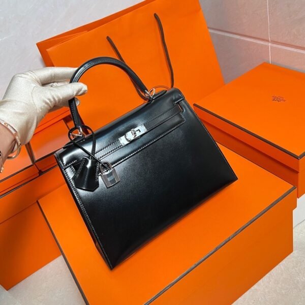 CK89 Black Kelly 25CM Box Leather Silver Hardware Full Handmade