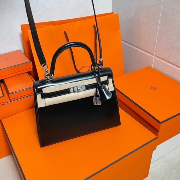 CK89 Black Kelly 25CM Box Leather Silver Hardware Full Handmade