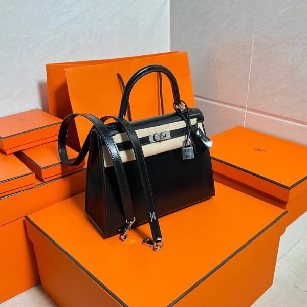 CK89 Black Kelly 25CM Box Leather Silver Hardware Full Handmade