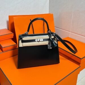 CK89 Black Kelly 25CM Box Leather Silver Hardware Full Handmade