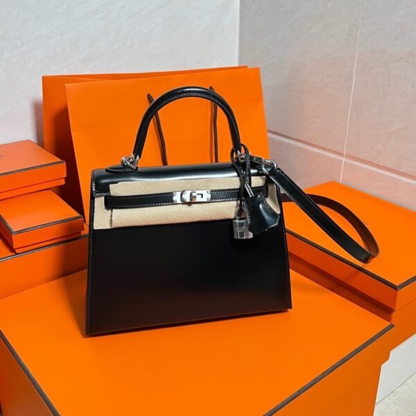CK89 Black Kelly 25CM Box Leather Silver Hardware Full Handmade