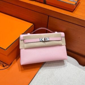 3Q Rose Sakura Kelly Pochette Swift Leather Silver Hardware Full Handmade