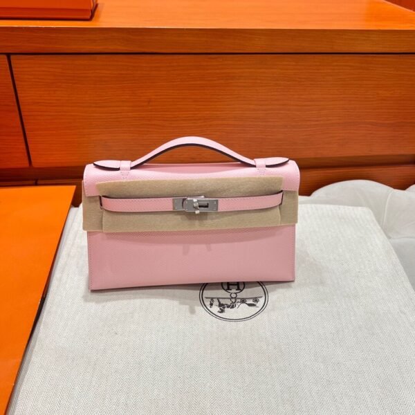 3Q Rose Sakura Kelly Pochette Swift Leather Silver Hardware Full Handmade