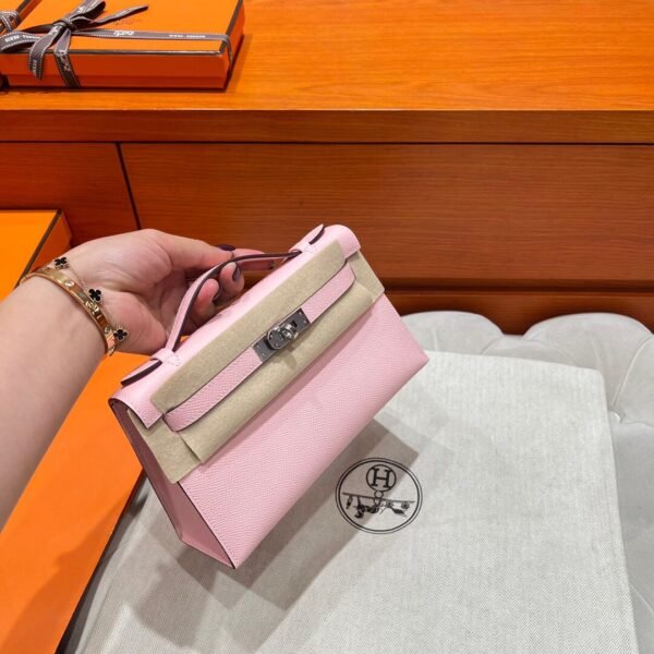 3Q Rose Sakura Kelly Pochette Swift Leather Silver Hardware Full Handmade