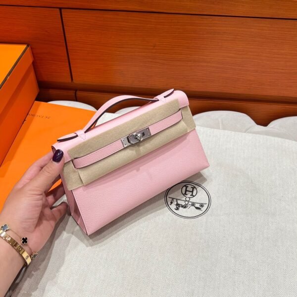 3Q Rose Sakura Kelly Pochette Swift Leather Silver Hardware Full Handmade