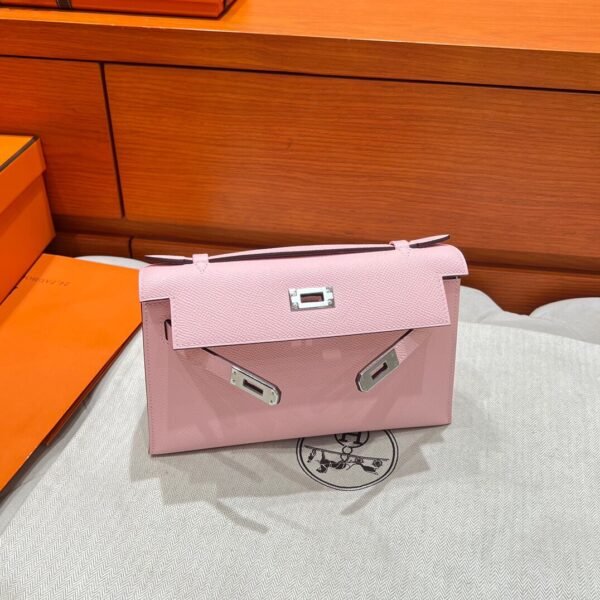 3Q Rose Sakura Kelly Pochette Swift Leather Silver Hardware Full Handmade
