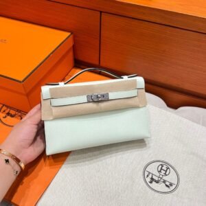 OS Vert Fizz Kelly Pochette Swift Leather Silver Hardware Full Handmade