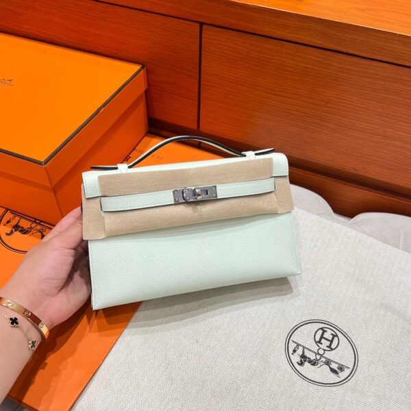 OS Vert Fizz Kelly Pochette Swift Leather Silver Hardware Full Handmade
