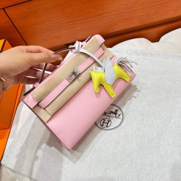 3Q Rose Sakura Kelly Pochette Swift Leather Silver Hardware Full Handmade