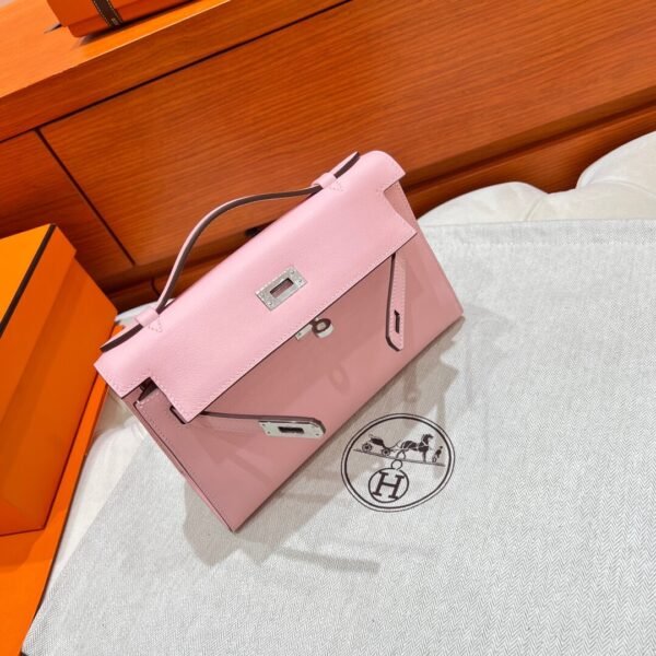 3Q Rose Sakura Kelly Pochette Swift Leather Silver Hardware Full Handmade