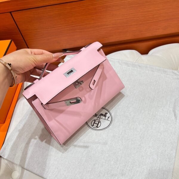 3Q Rose Sakura Kelly Pochette Swift Leather Silver Hardware Full Handmade