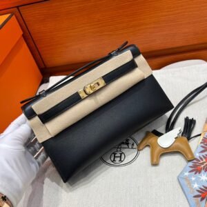 CK89 Black Kelly Pochette Swift Leather Gold Hardware Full Handmade