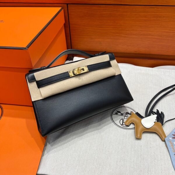 CK89 Black Kelly Pochette Swift Leather Gold Hardware Full Handmade