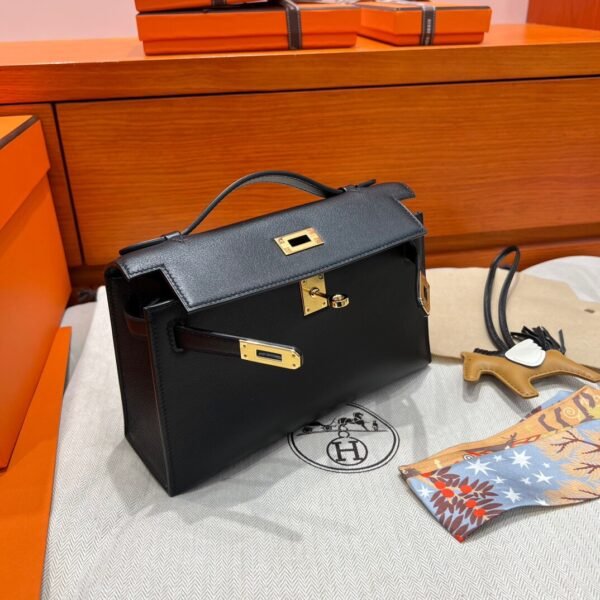 CK89 Black Kelly Pochette Swift Leather Gold Hardware Full Handmade