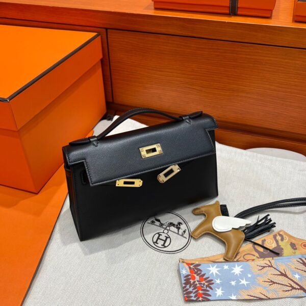 CK89 Black Kelly Pochette Swift Leather Gold Hardware Full Handmade