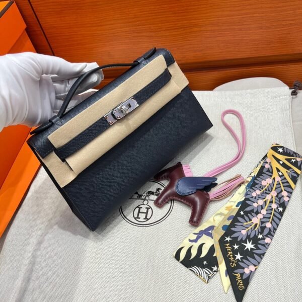 2Z Blue Nuit Kelly Pochette Epsom Leather Silver Hardware Full Handmade