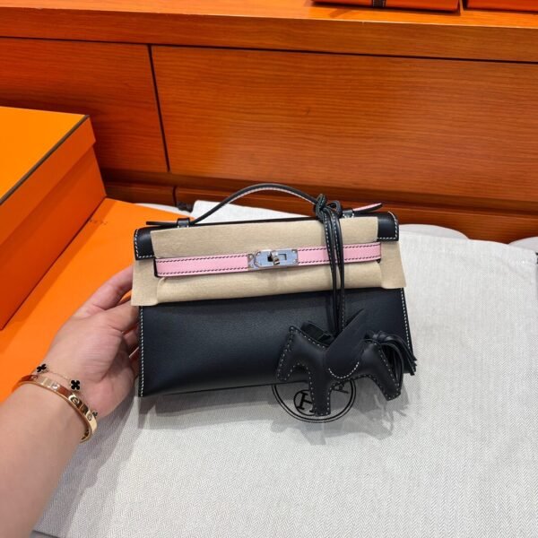 CK89 Black / 3Q Rose Kelly Pochette Swift Leathers Silver Hardware Full Handmade