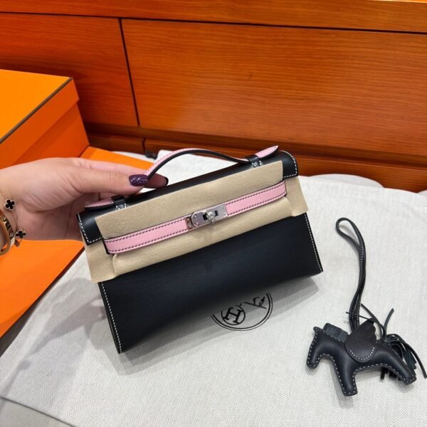 CK89 Black / 3Q Rose Kelly Pochette Swift Leathers Silver Hardware Full Handmade