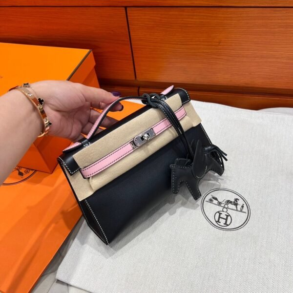 CK89 Black / 3Q Rose Kelly Pochette Swift Leathers Silver Hardware Full Handmade