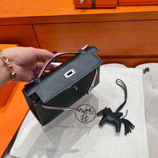 CK89 Black / 3Q Rose Kelly Pochette Swift Leathers Silver Hardware Full Handmade