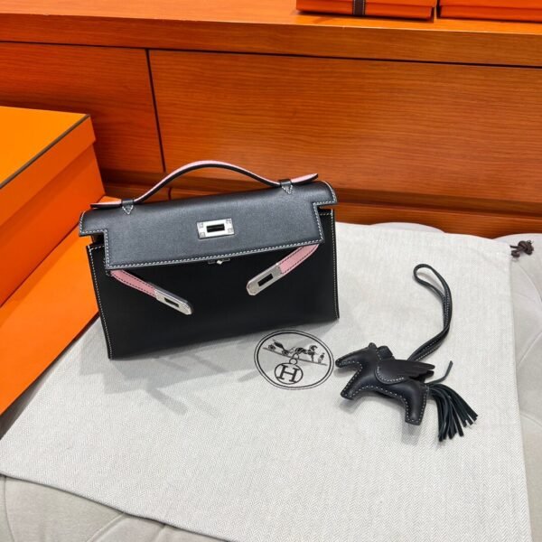CK89 Black / 3Q Rose Kelly Pochette Swift Leathers Silver Hardware Full Handmade