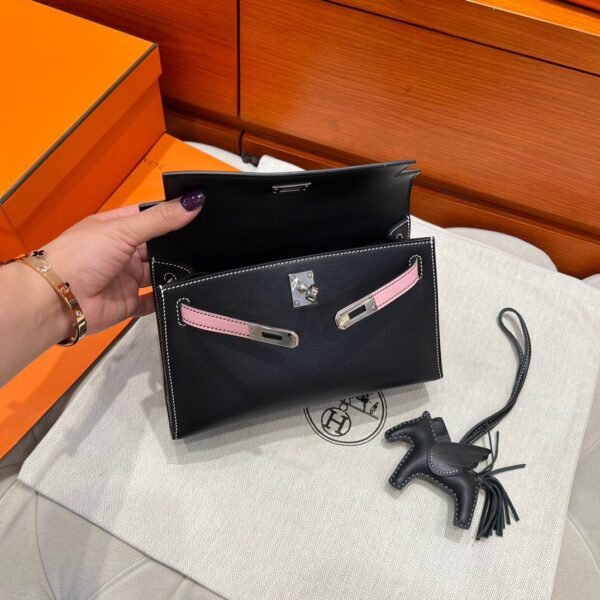 CK89 Black / 3Q Rose Kelly Pochette Swift Leathers Silver Hardware Full Handmade