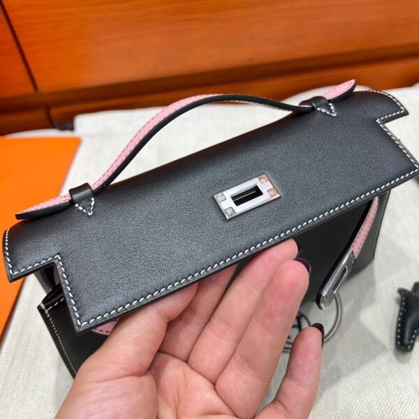 CK89 Black / 3Q Rose Kelly Pochette Swift Leathers Silver Hardware Full Handmade