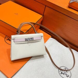 Craie / Gold / Mauve Pale Mini Kelly 19CM Epsom Leather Silver Hardware Full Handmade