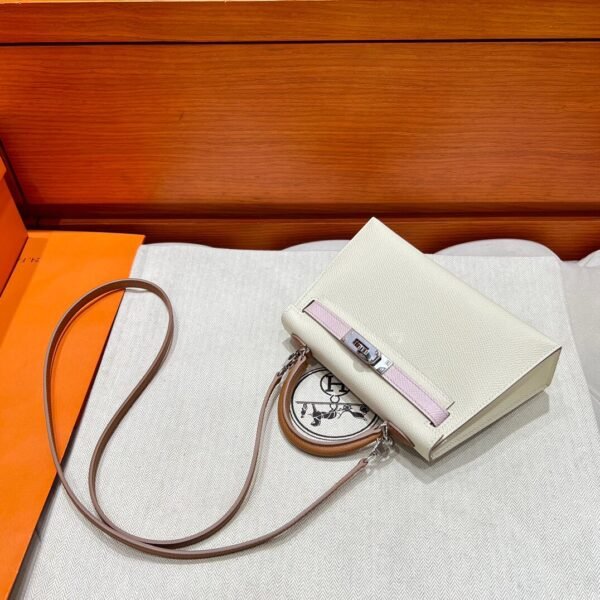 Craie / Gold / Mauve Pale Mini Kelly 19CM Epsom Leather Silver Hardware Full Handmade