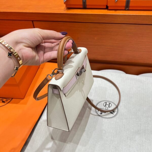 Craie / Gold / Mauve Pale Mini Kelly 19CM Epsom Leather Silver Hardware Full Handmade