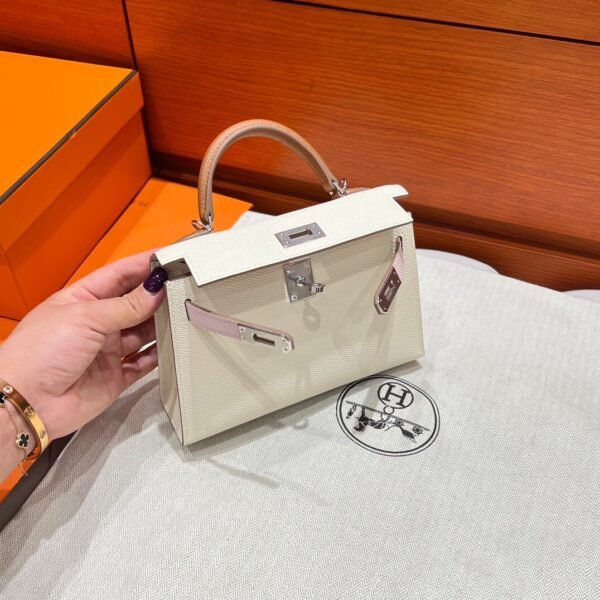 Craie / Gold / Mauve Pale Mini Kelly 19CM Epsom Leather Silver Hardware Full Handmade
