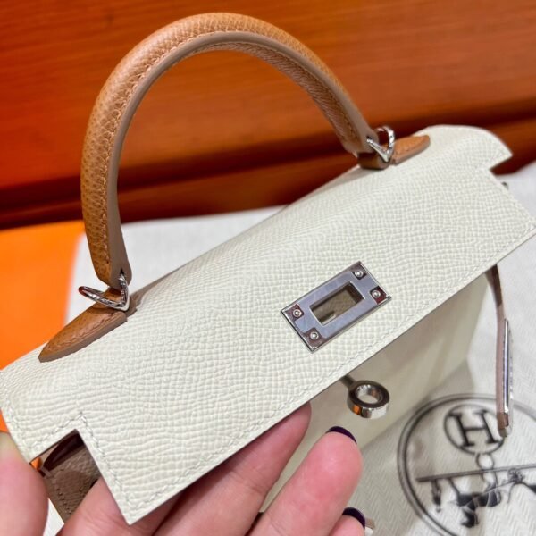 Craie / Gold / Mauve Pale Mini Kelly 19CM Epsom Leather Silver Hardware Full Handmade