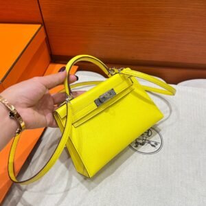 9N Cady Yellow Mini Kelly 19CM Chever Leather Silver Hardware Full Handmade