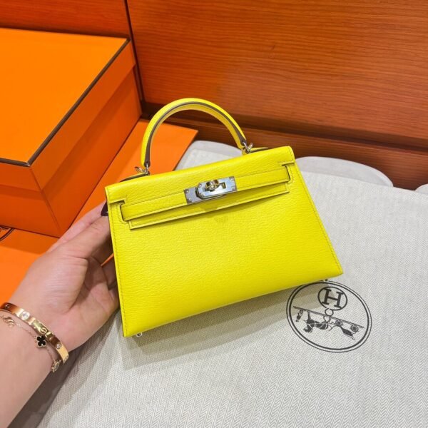 9N Cady Yellow Mini Kelly 19CM Chever Leather Silver Hardware Full Handmade