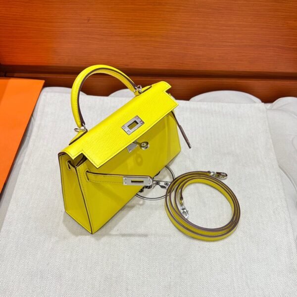 9N Cady Yellow Mini Kelly 19CM Chever Leather Silver Hardware Full Handmade