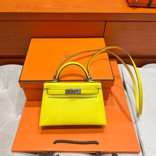 9N Cady Yellow Mini Kelly 19CM Chever Leather Silver Hardware Full Handmade