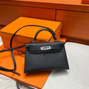 CK89 Black/Noir Mini Kelly 19CM Epsom Leather Silver Hardware Full Handmade